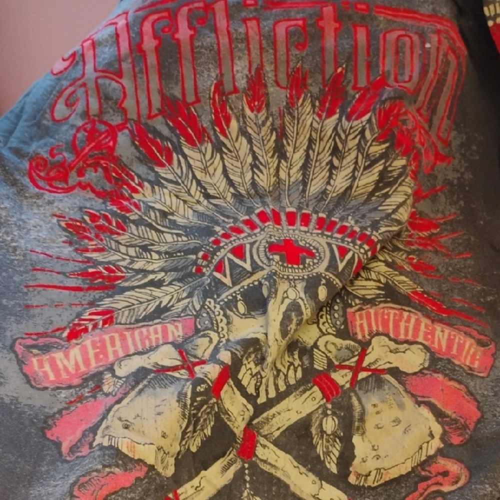 Affliction Red and Gray Skull Headdress Tee